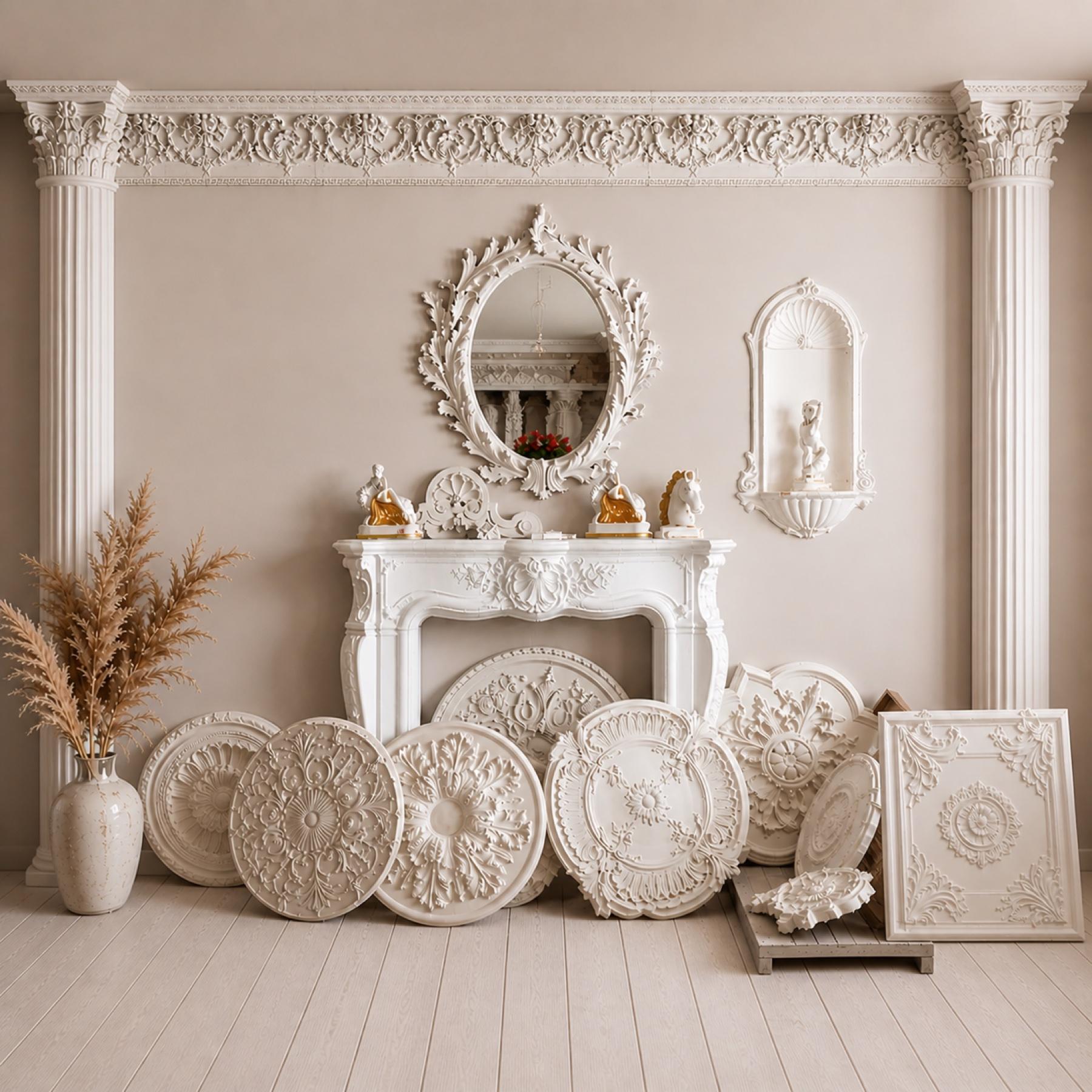 DeCorGips showroom framed by columns and a carved frieze: baroque mirror over a sculpted fireplace with plaster rosettes laid out below